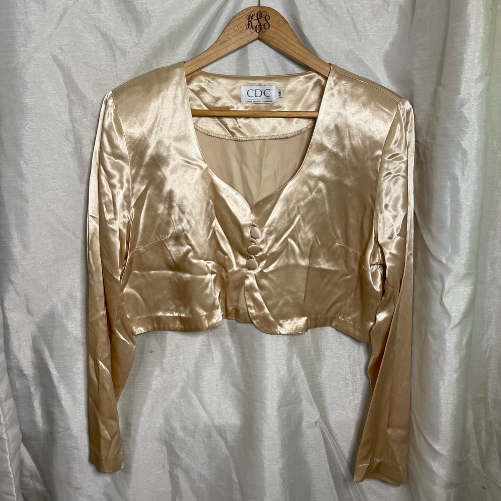 VTG Gold Cream Satin Long Sleeve Button Down Cropped Bolero Jacket Blouse Top